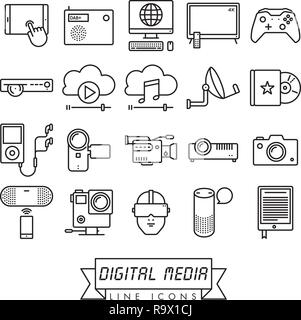 Collection de médias numériques et de l'équipement ligne vectorielle d'icônes. La technologie moderne des symboles. Illustration de Vecteur