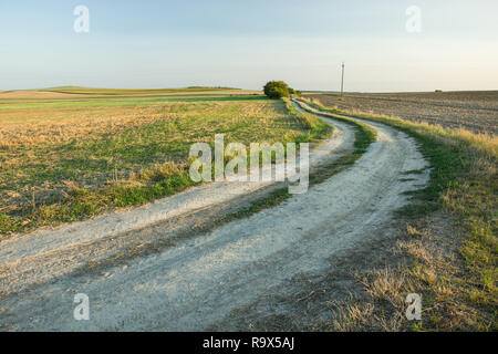 Virage sur une route de terre de sable à travers champs vers l'horizon, les collines et un ciel bleu. Vue sur la campagne polonaise Banque D'Images