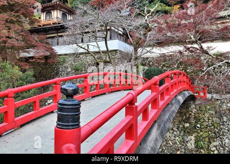 Pont japonais rouge dans le parc Quasi-National Minoo près d'Osaka, au Japon. Banque D'Images