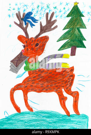 Cerf Orange fonctionnant avec des lettres pour le père Noël, nouvel an, dessin de l'enfant Banque D'Images