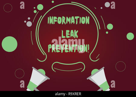 Texte de l'écriture l'écriture d'informations de prévention des fuites. L'inhibition de l'information Concept sens critique à deux sorties et mégaphone contour circulaire wi Banque D'Images