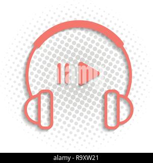Vector illustration graphique de la musique avec des écouteurs et les boutons Lecture, pause en couleur corail. Illustration de Vecteur