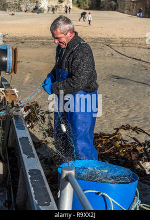 Pêcheur dans St.ives harbour clearing ses filets d'herbe Cornwall UK Banque D'Images