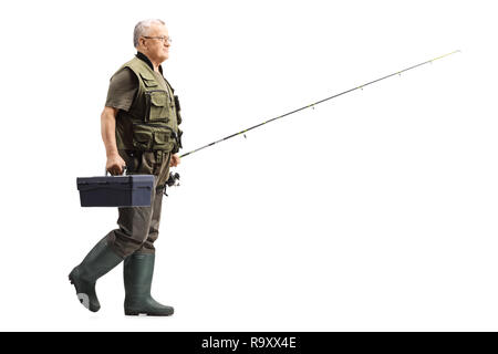 Profil de pleine longueur de balle marcher avec un pêcheur canne à pêche et un fort isolé sur fond blanc Banque D'Images