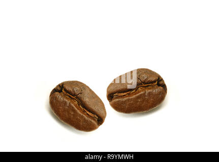 Fermé une paire de grains de café Arabica torréfié isolé sur fond blanc Banque D'Images