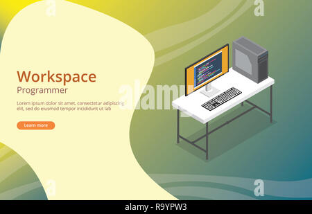 Programmateur de l'espace de travail ou d'un développeur avec codage à l'écran vector illustration Banque D'Images