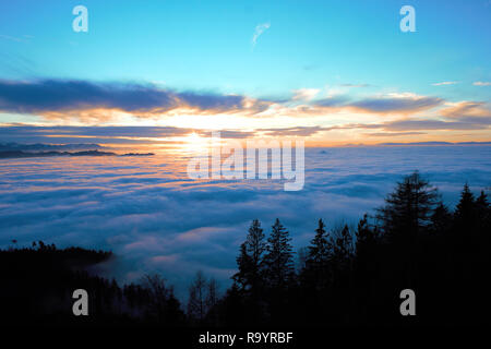 Ambiance d'hiver brumeux. Coucher de soleil sur la mer de brouillard. Vue du Bantiger près de Berne, en Suisse. Banque D'Images