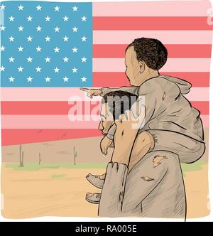 Père et fils en face de l'immigrant USA flag Illustration de Vecteur