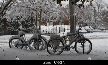 Les vélos garés dans bike rack et couverte de neige Banque D'Images