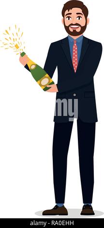 Heureux homme barbu ouvre champagne, personnage de télévision célèbre un événement important style Illustration de Vecteur