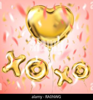XOXO et lettrage doré forme de coeur ballons aluminium sur le fond rose mignon. Concevoir pour la Saint Valentin, Anniversaire, mariage, fête de Noël et decorati Illustration de Vecteur