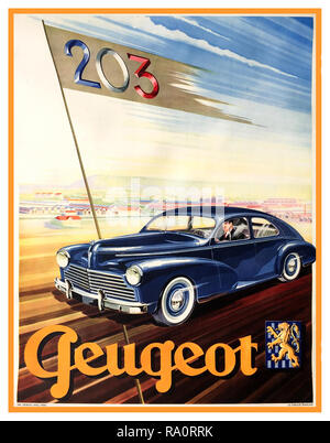 PEUGEOT 203 Vintage 1950 voiture automobile français de l'affiche. Peugeot 203 1955 Artiste Graphique Georges Lang, Paris France Banque D'Images