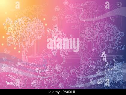 Vector illustration dessin main zentangle cheval magique en différentes couleurs isolé sur fond dégradé. Illustration avec unicorn doodle colorés Illustration de Vecteur