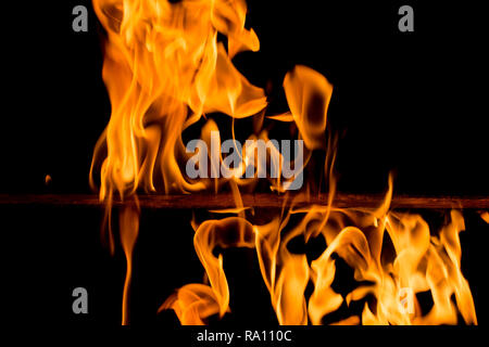Fire flames sur fond noir. Feu vif et coloré à l'encontre d'une nuit noire. Banque D'Images