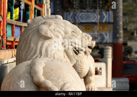 Smiling Lion en pierre statues qui gardaient la Summer Palace, Beijing, Chine Banque D'Images