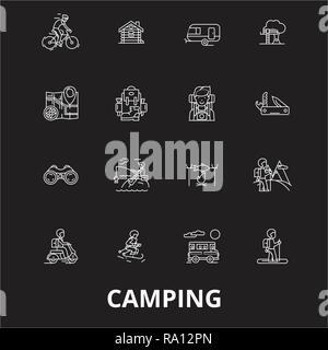 Camping icônes ligne modifiable vector set sur fond noir. Camping contour blanc illustrations, signes, symboles Illustration de Vecteur