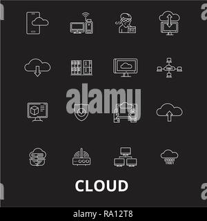 Ligne modifiable Cloud icons vector set sur fond noir. Contour blanc nuage illustrations, signes, symboles Illustration de Vecteur