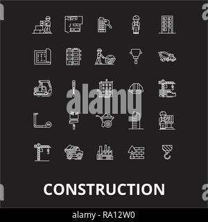 Ligne modifiable Construction icons vector set sur fond noir. Contour blanc construction illustrations, signes, symboles Illustration de Vecteur