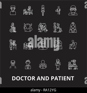 Médecin et patient icônes ligne modifiable vector set sur fond noir. Médecin et patient contour blanc illustrations, signes, symboles Illustration de Vecteur