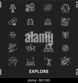 Ligne modifiable explorer icons vector set sur fond noir. Explorer contour blanc illustrations, signes, symboles Illustration de Vecteur