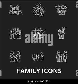 Ligne modifiable famille vector set icônes sur fond noir. Contour blanc de la famille des illustrations, signes, symboles Illustration de Vecteur