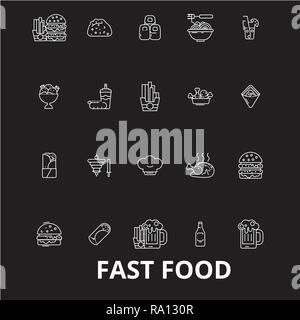 Ligne modifiable fast food icons vector set sur fond noir. Restauration rapide contour blanc illustrations, signes, symboles Illustration de Vecteur