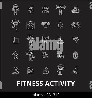 L'activité de remise en forme ligne modifiable icons vector set sur fond noir. L'activité de remise en forme contour blanc illustrations, signes, symboles Illustration de Vecteur