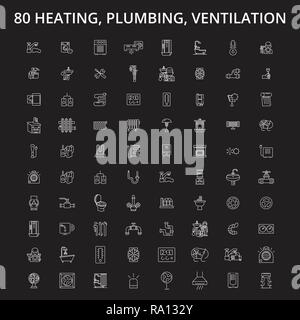 Chauffage, plomberie, ventilation icônes ligne modifiable vector set sur fond noir. Chauffage, plomberie, ventilation contour blanc illustrations, signes, symboles Illustration de Vecteur