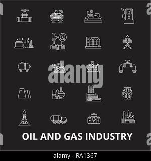 L'industrie du pétrole et du gaz vecteur icônes ligne modifiable sur fond noir. L'industrie du pétrole et du gaz contour blanc illustrations, signes, symboles Illustration de Vecteur