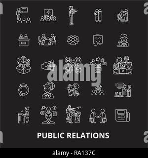 Relations publiques ligne modifiable icons vector set sur fond noir. Relations publiques contour blanc illustrations, signes, symboles Illustration de Vecteur