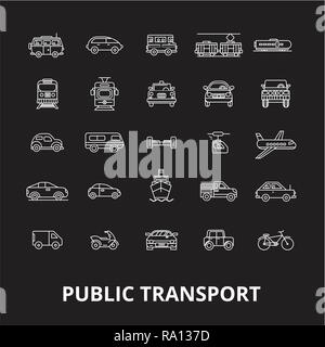 Transports publics ligne modifiable icons vector set sur fond noir. Transport public contour blanc illustrations, signes, symboles Illustration de Vecteur
