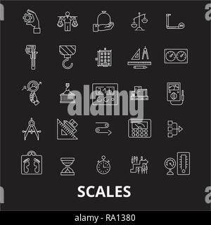 Ligne modifiable balances icônes vector set sur fond noir. Pèse-personne blanc indiquant les illustrations, signes, symboles Illustration de Vecteur