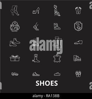 Ligne modifiable chaussures icons vector set sur fond noir. Chaussures blanc indiquant les illustrations, signes, symboles Illustration de Vecteur