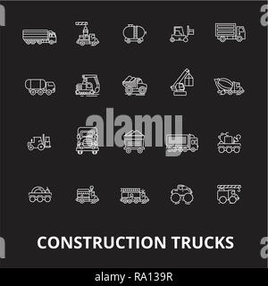 Ligne modifiable construction camions icons vector set sur fond noir. Construction camions contour blanc illustrations, signes, symboles Illustration de Vecteur