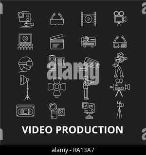Production vidéo icônes ligne modifiable vector set sur fond noir. Production vidéo contour blanc illustrations, signes, symboles Illustration de Vecteur