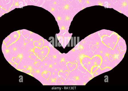 Valentines Day concept, silhouette de deux chefs swan formant un ensemble en forme de coeur, isolé sur un fond rose avec des coeurs mousseux d'or Banque D'Images