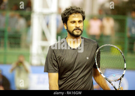 Pune, Inde. 29 décembre 2018. Saketh Myneni, de l'Inde, après avoir remporté le premier tour de la compétition de qualification en simple au Tata Open Maharashtra ATP Tennis Tournament à Pune, en Inde. Crédit : Karunesh Johri/Alamy Live News Banque D'Images