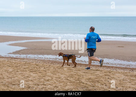 Bournemouth, Dorset, UK. Le 30 décembre 2018. Les participants prennent part à la plage de la race, de la race la marée, une plage à marée basse le long de la magnifique côte de la plage de Bournemouth vers la plage de Sandbanks. Porteur exécuter le 5k ou 10k race le long du littoral et sur les épis avant la marée monte - bon exercice après les excès de Noël ! Credit : Carolyn Jenkins/Alamy Live News Banque D'Images