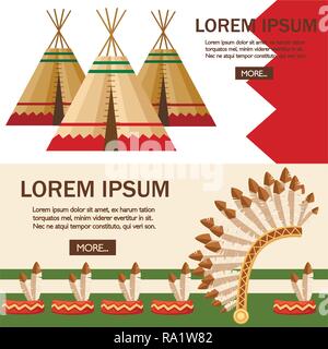 Groupe de tente indienne ou wigwam avec Warbonnet. Demeure de l'ONU du Canada, de Sibérie, d'Amérique du Nord. Maison de cuir. Télévision vector Illustration. W Illustration de Vecteur