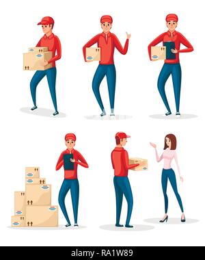 Collection de caractères - l'homme livraison dans différentes situations. Boîtes de carton. Courier en uniforme rouge. Cartoon character design. Télévision vector illust Illustration de Vecteur