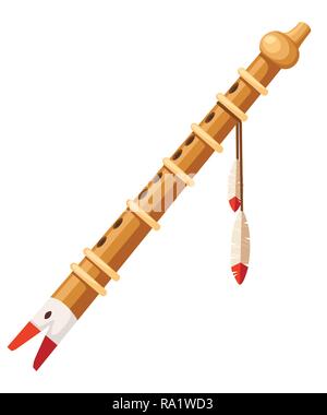 Flûte en bois avec les modèle. Instrument de musique avec des plumes. Télévision vector illustration isolé sur fond blanc. Illustration de Vecteur