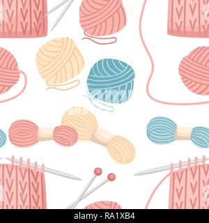 Modèle sans couture. Set d'outils pour la couture des aiguilles à tricoter. Boules de laine, laine illustration en couleur. Processus de tricotage. Télévision vector illustration sur whit Illustration de Vecteur