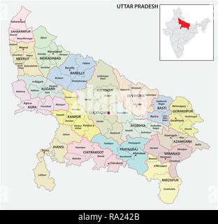 La carte administrative et politique de l'état indien de l'Uttar Pradesh, Inde Illustration de Vecteur