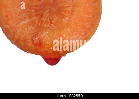 Des gouttes de jus de carotte avec claire sur fond blanc Banque D'Images