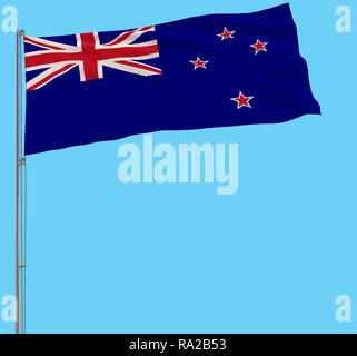 Isoler le drapeau de la Nouvelle-Zélande sur un mât voltigeant dans le vent sur fond bleu, 3D Rendering Banque D'Images