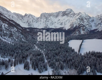 Photo aérienne du magnifique paysage hivernal avec des arbres couverts de neige en Italie Banque D'Images