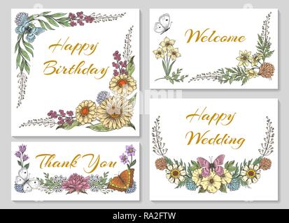 Carte botanique avec des fleurs sauvages, des feuilles. Collection ornements pour mariage, invitation d'entreprise avec Spring floral, Mariposa butterfly, vetor illustrati Illustration de Vecteur