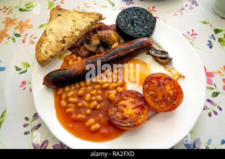 Le petit déjeuner anglais complet bacon œuf frit champignons saucisse haricots, tomates frites et de boudin noir avec blanc beurrée Banque D'Images