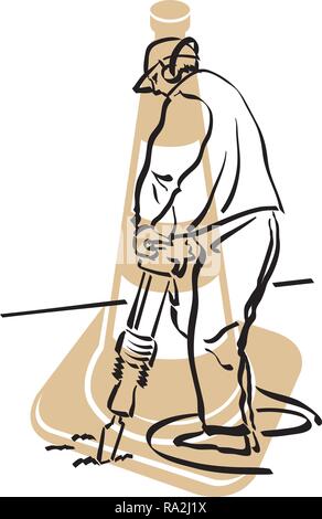 Illustration d'un travailleur qui est à l'aide d'un marteau-piqueur sur un revêtement routier Illustration de Vecteur