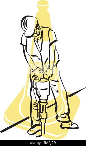 Illustration d'un travailleur qui est à l'aide d'un marteau-piqueur sur un revêtement routier Illustration de Vecteur